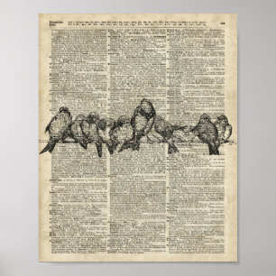 Birds on Branch Vintage Stencil Over Old Book Page Poster