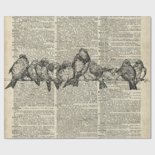 Birds on Branch Vintage Stencil Over Old Book Page Wrapping Paper