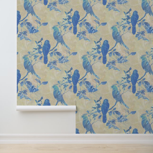 Birds on Branches and Leaves Ivory Blue Wallpaper (Application)