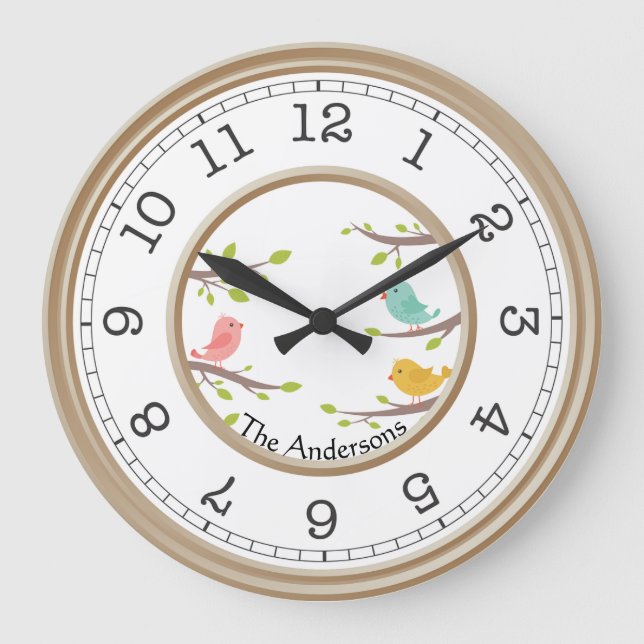 Birds On Branches Country Rustic Wall Clock Name (Front)