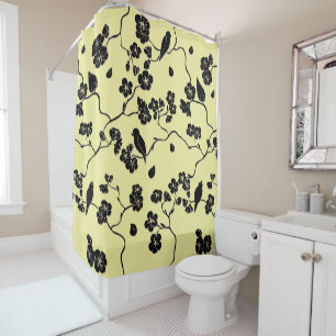 Birds on Cherry Blossoms Black on Lemon Yellow