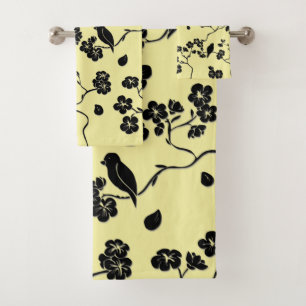 Birds on Cherry Blossoms Black on Lemon Yellow Bath Towel Set