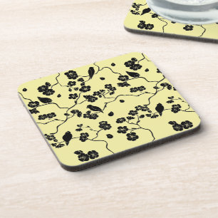 Birds on Cherry Blossoms Black on Lemon Yellow Coaster