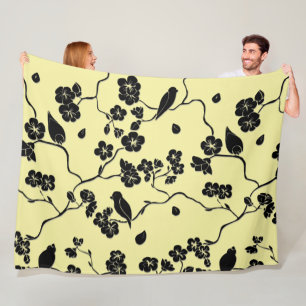 Birds on Cherry Blossoms Black on Lemon Yellow Fleece Blanket