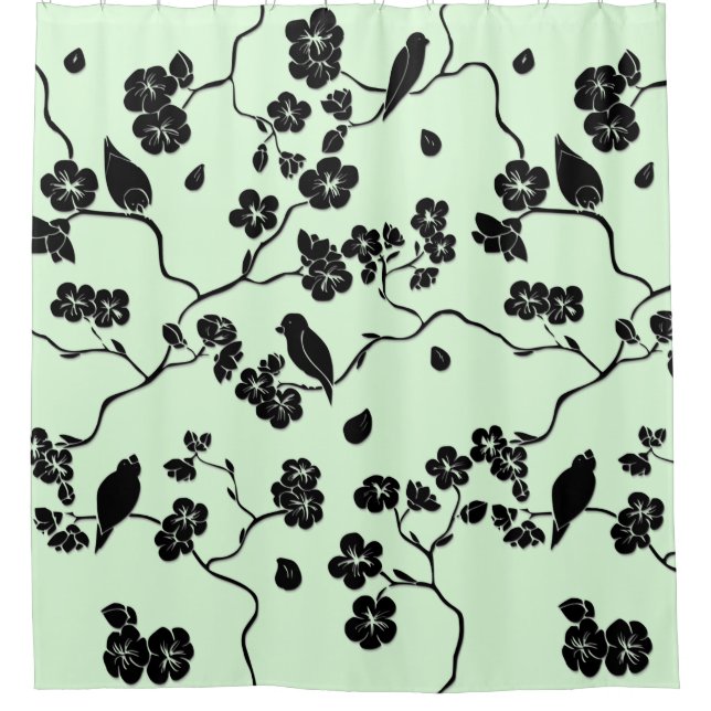 Birds on Cherry Blossoms Black on Mint Green (Front)
