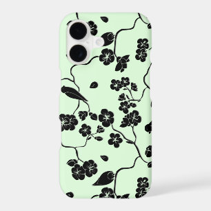 Birds on Cherry Blossoms Black on Mint Green