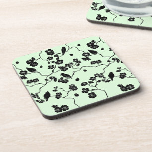 Birds on Cherry Blossoms Black on Mint Green Coaster