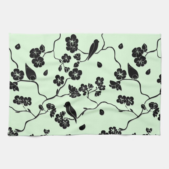 Birds on Cherry Blossoms Black on Mint Green Kitchen Towel (Horizontal)