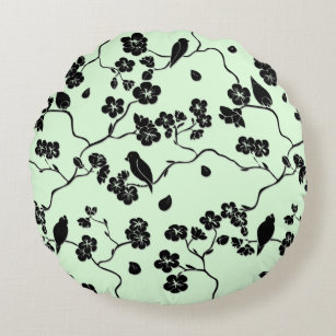 Birds on Cherry Blossoms Black on Mint Green Round Pillow