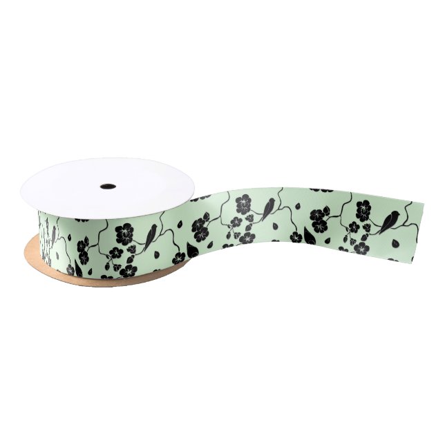Birds on Cherry Blossoms Black on Mint Green Satin Ribbon (Spool)