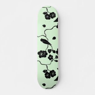 Birds on Cherry Blossoms Black on Mint Green Skateboard