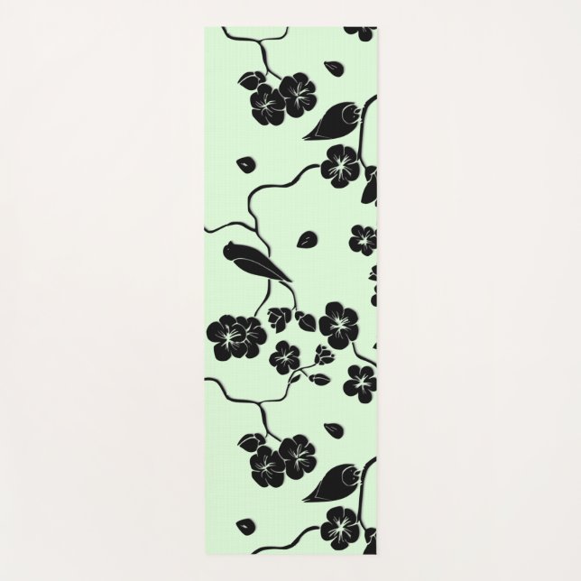 Birds on Cherry Blossoms Black on Mint Green Yoga Mat (Front)
