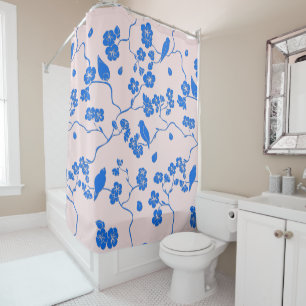 Birds on Cherry Blossoms Blue on Blush