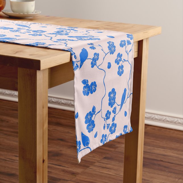 Birds on Cherry Blossoms Blue on Blush Medium Table Runner (In Situ)