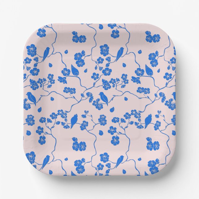 Birds on Cherry Blossoms Blue on Blush Paper Plate (Front)