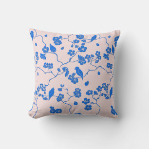 Birds on Cherry Blossoms Blue on Blush Throw Pillow
