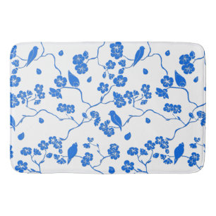 Birds on Cherry Blossoms Blue Print Bath Mat