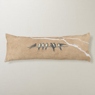 Birds on cracked surface, beige brown and text body pillow