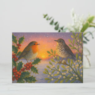 Birds On Holly & Mistletoe At Snowy Winter Sunset Holiday Card