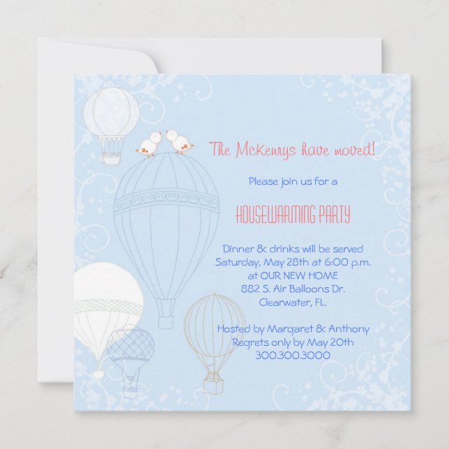 Birds on Hot Air Balloons Housewarming Party Invitation (Front)