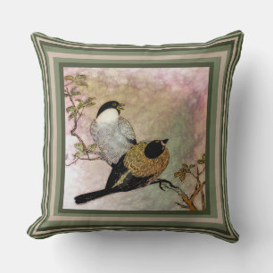 Birds on Perch with Moss Green, Taupe Background Throw Pillow