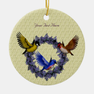 Birds On Purple Floral Wreath Ornament