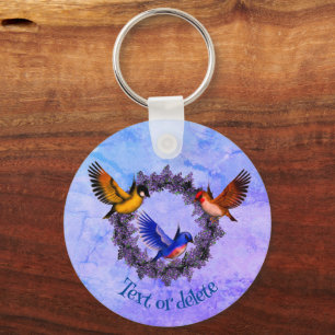 Birds On Purple Flower Wreath Personalized Keychain