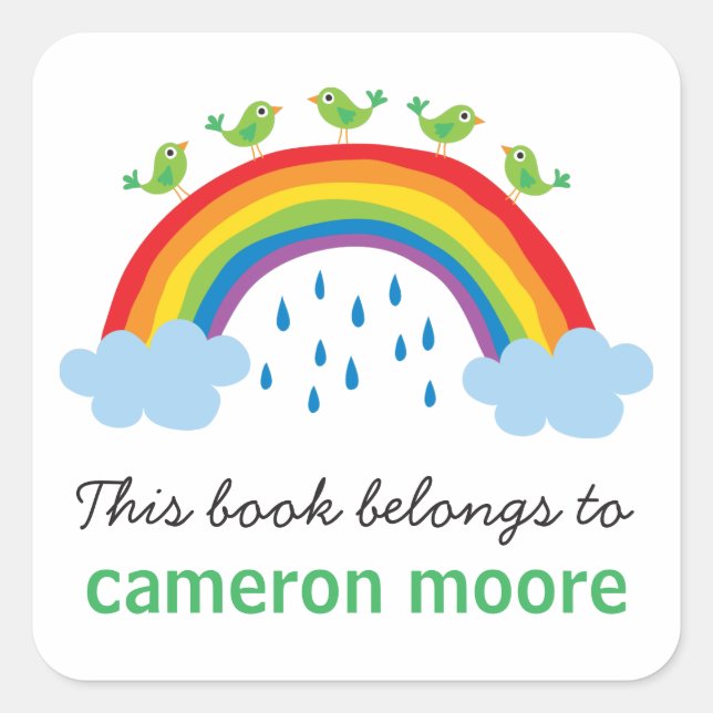 Birds on rainbow personalized bookplate book square sticker (Front)