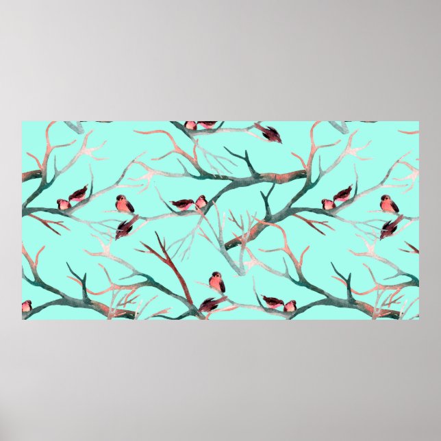 Birds on the tree branches watercolor hand painted poster (Front)