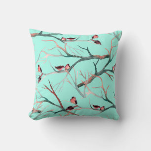 Birds on the tree branches watercolor hand painted throw pillow