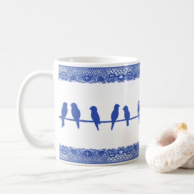 Birds on Wire Blue White Willow Whimsical Simple Coffee Mug (With Donut)