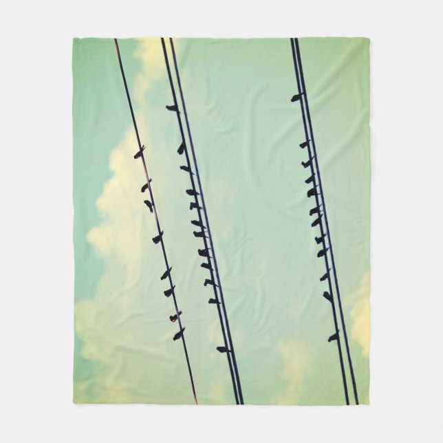 Birds on wires, vintage blue sky. fleece blanket (Front)