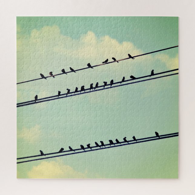 Birds on wires, vintage blue sky. jigsaw puzzle (Vertical)