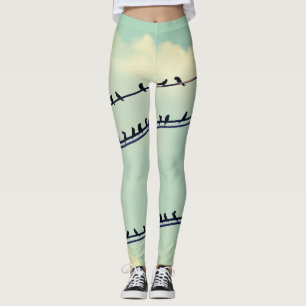 Birds on wires, vintage blue sky. leggings