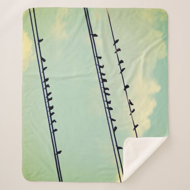 Birds on wires, vintage blue sky. sherpa blanket (Front)