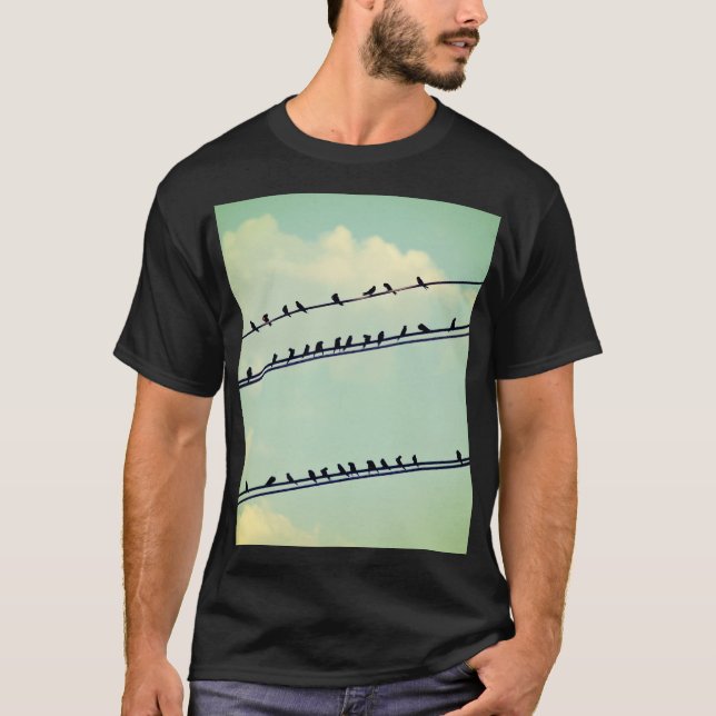 Birds on wires, vintage blue sky. T-Shirt (Front)