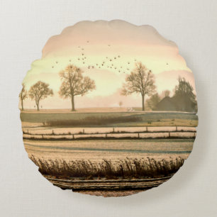 Birds Over Pasture and Meadow Round Pillow