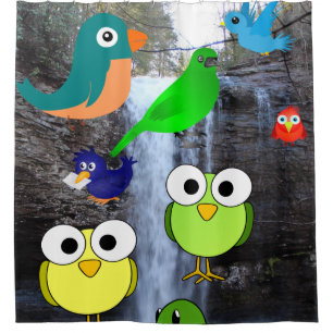 birds owls waterfall children's shower curtain
