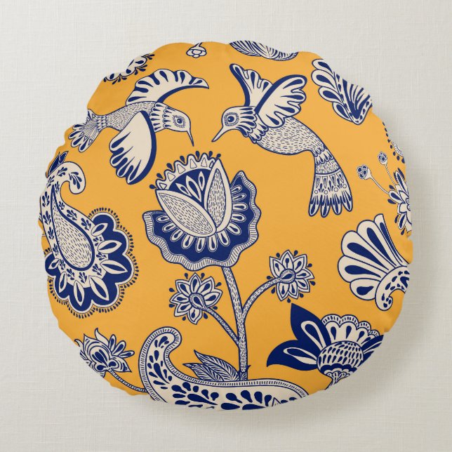 Birds Paisley Flowers Vintage Pattern Round Pillow (Front)