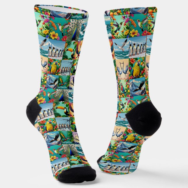 Birds Patchwork Pattern  Socks (Angled)