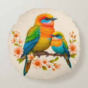 Birds Perched on a Branch Feminine Nature Round Pillow