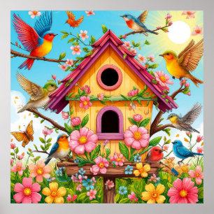 Birds Perching Around a Birdhouse Poster