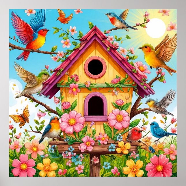 Birds Perching Around a Birdhouse Poster (Front)