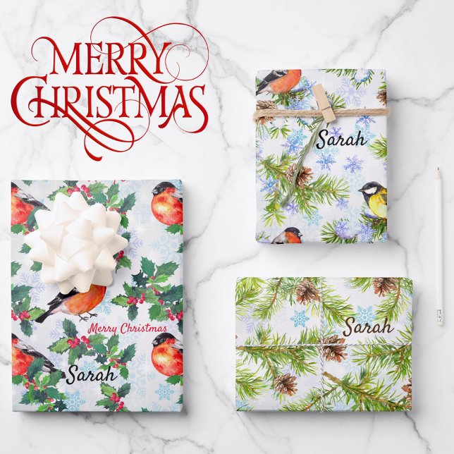 Birds Pine Trees Snow Add Name 3 Coordinates Wrapping Paper Sheet (Creator Uploaded)