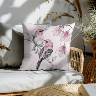 Birds & Pink Florals in Watercolor Throw Pillow