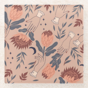 Birds & Proteas: Vintage Hand Graphics Glass Coaster