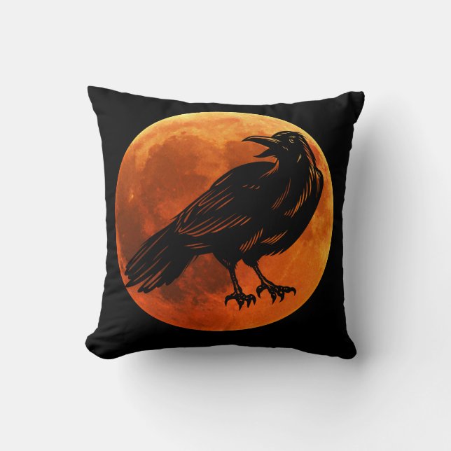Birds - Reversible Moon and Black Raven  Throw Pil Throw Pillow (Front)