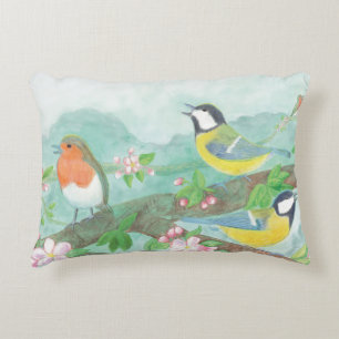 Birds singing on a blossoming tree branch  accent pillow
