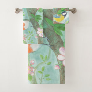 Birds singing on a blossoming tree branch  bath towel set