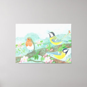 Birds singing on a blossoming tree branch  canvas print